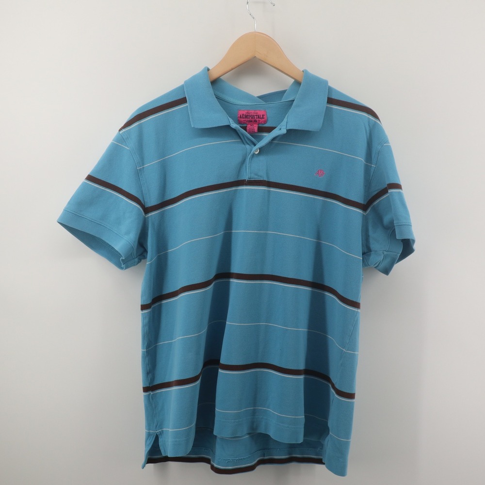Aeropostale Polo Shirt Mens XL Slim Fit Striped Blue Y2K A87 Logo Good